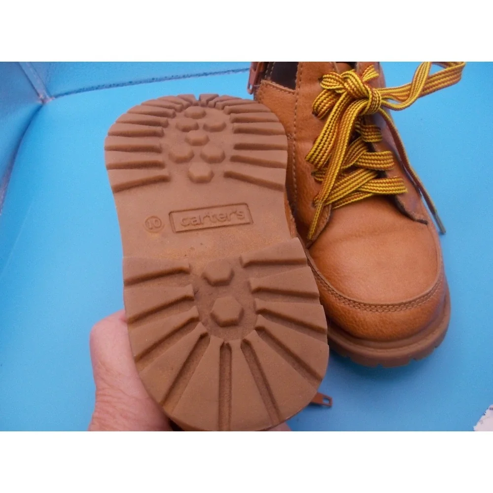 Carters Toddler Boys Tan Faux Leather Lace Up Side Zip Work Boots Size 10